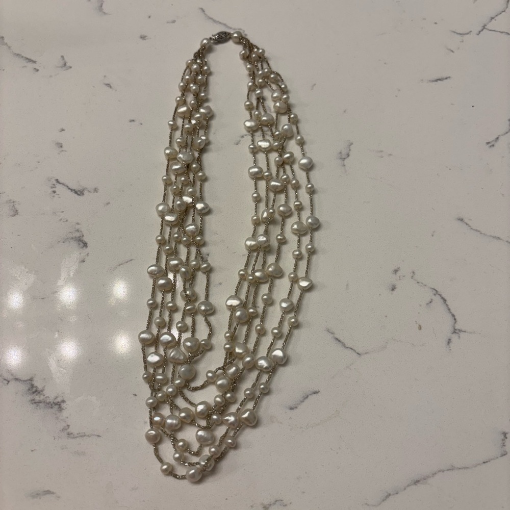 Natural pearl multi layer necklace with 14k gold clasp